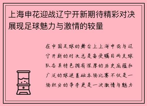 上海申花迎战辽宁开新期待精彩对决展现足球魅力与激情的较量