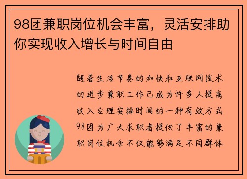 98团兼职岗位机会丰富，灵活安排助你实现收入增长与时间自由