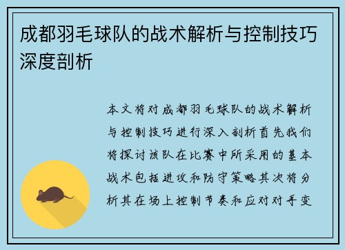 成都羽毛球队的战术解析与控制技巧深度剖析