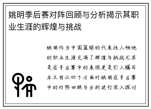 姚明季后赛对阵回顾与分析揭示其职业生涯的辉煌与挑战
