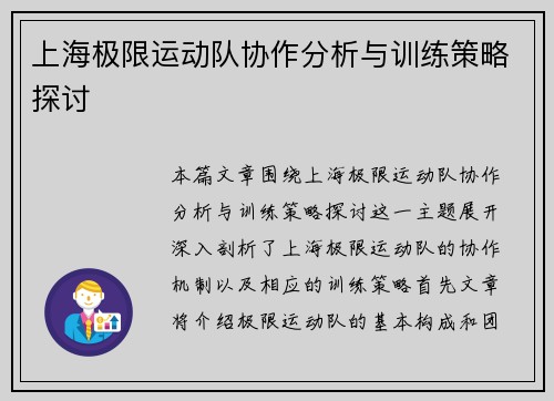 上海极限运动队协作分析与训练策略探讨