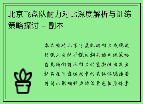 北京飞盘队耐力对比深度解析与训练策略探讨 - 副本