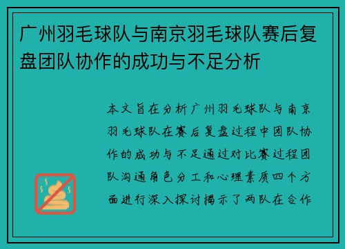 广州羽毛球队与南京羽毛球队赛后复盘团队协作的成功与不足分析