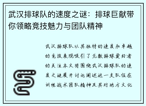 武汉排球队的速度之谜：排球巨献带你领略竞技魅力与团队精神